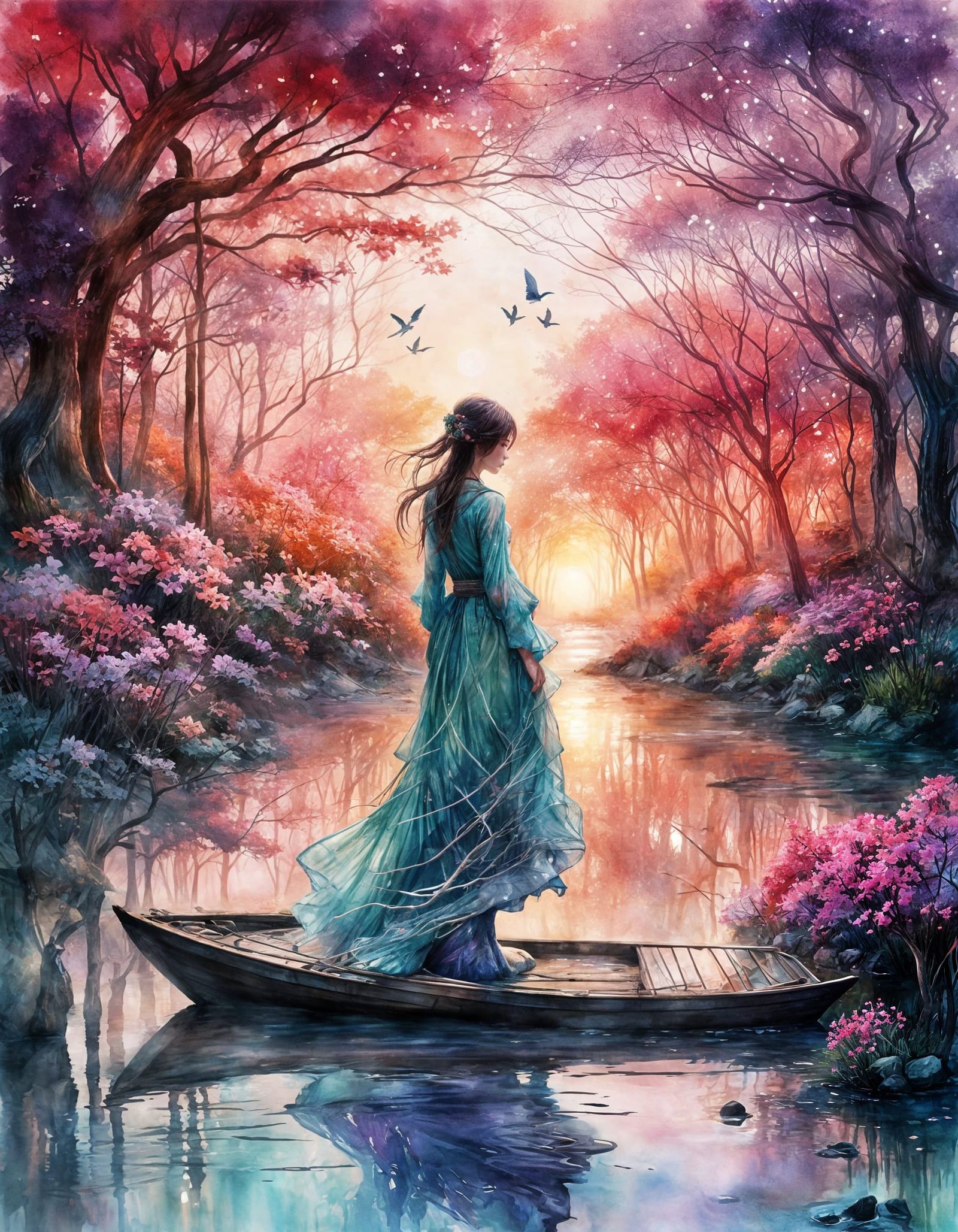 Ethereal Forest Lake: Shimmering Watercolor Sunset