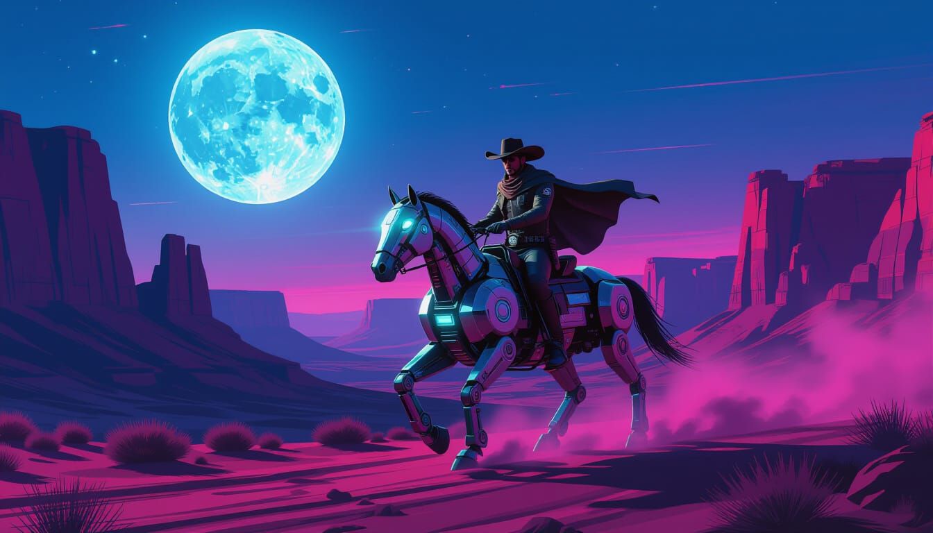 Cyberpunk Cowboy Rides Robotic Horse in Neon Canyon