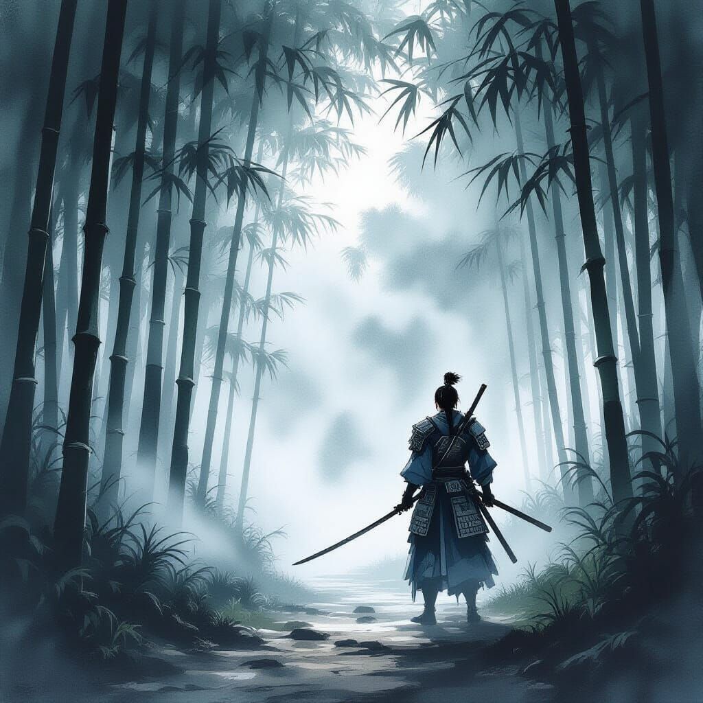 Alien Samurai Warrior in Misty Bamboo Forest