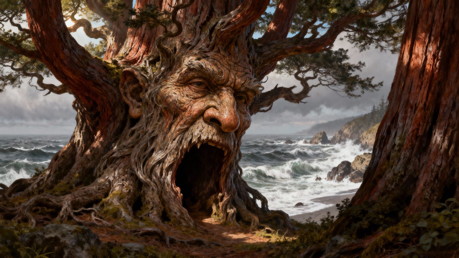 Ancient Redwood Tree Roars at Windswept Coast Vista