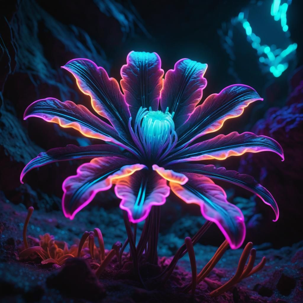 Bioluminescent Neon Flower in Fantasy Cave