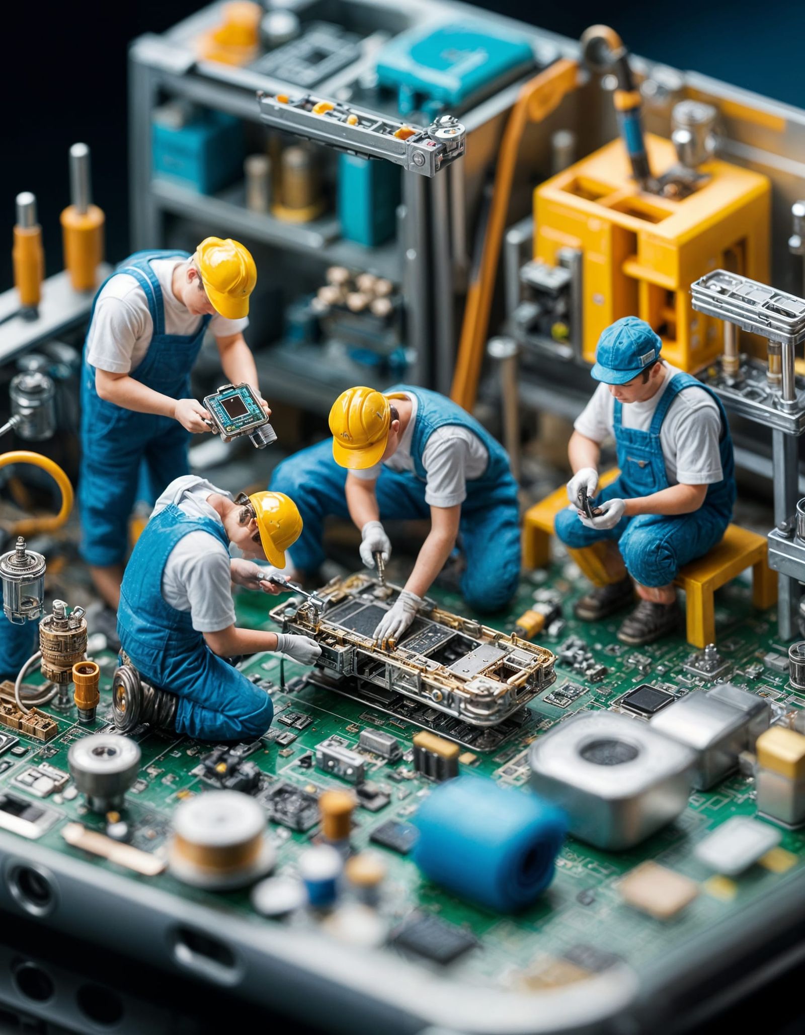 Miniature Workers Repairing an iPhone in 8K