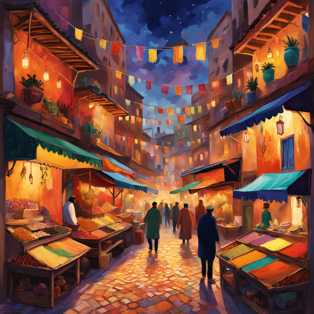Vibrant Night Market in Neoimpressionist Style