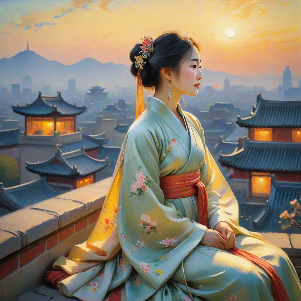 Chinese Girl in Hanfu Clothing Under Golden Starlight