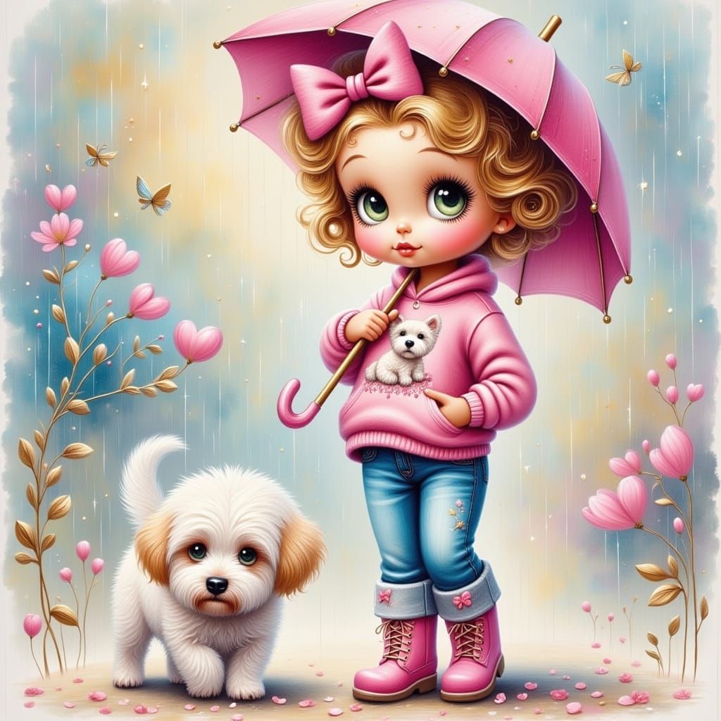 Whimsical Girl Holding Umbrella in Sketch Style Oil Painting