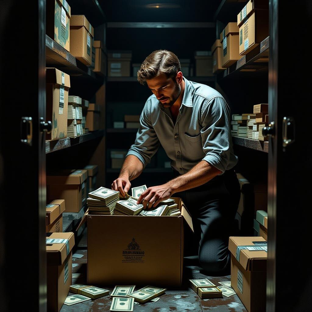 Man Hiding Cash in Closet, Realistic Noir Style
