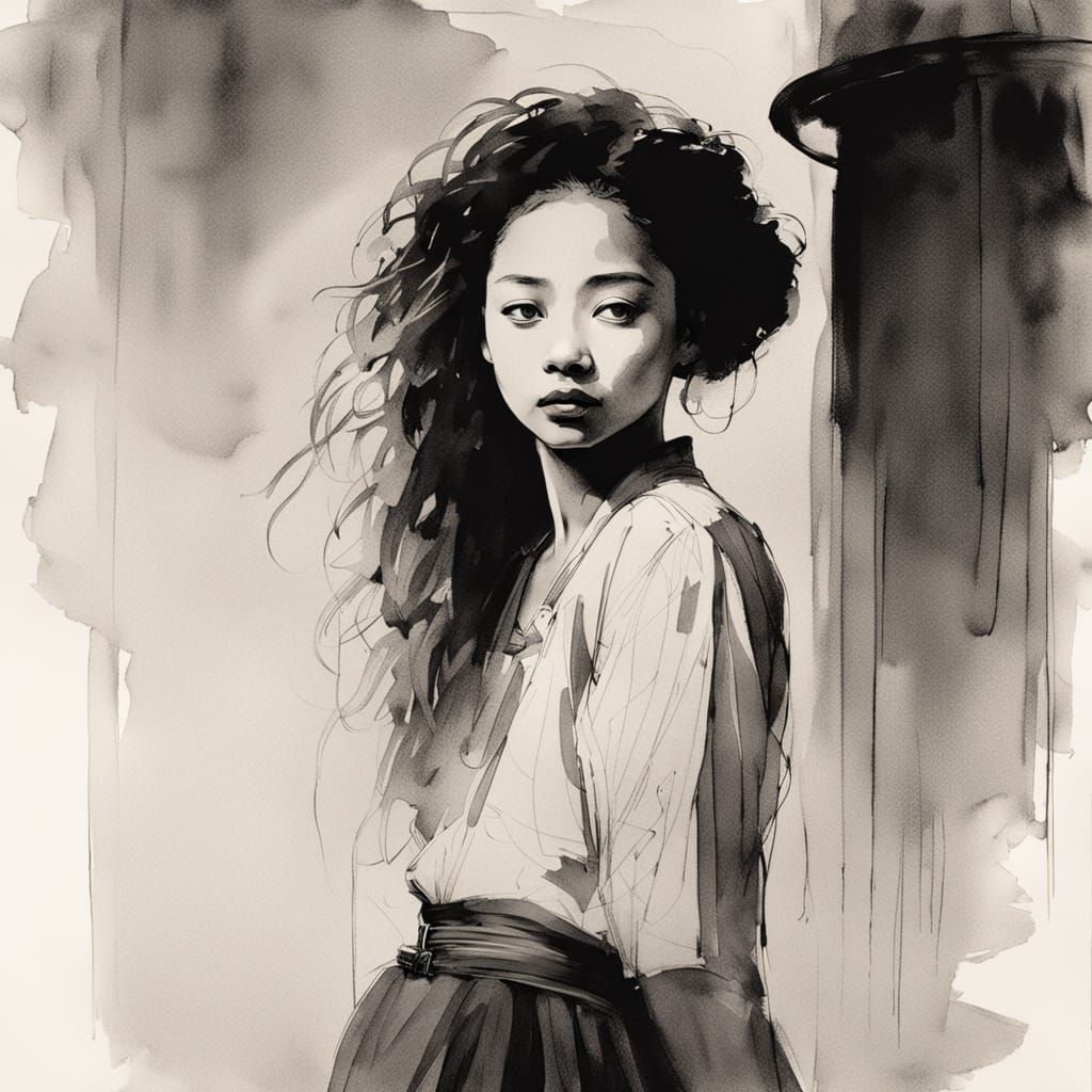 Japanese Ink Brush Art: Confident Rasta Woman with Direct Ga...