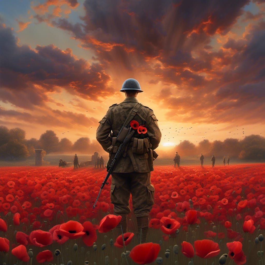 British Soldier in Poppy Field at Sunset