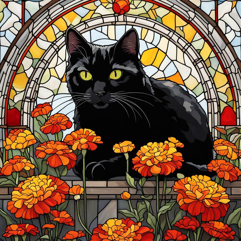 Black Cat in Marigold Garland, Stained Glass Style