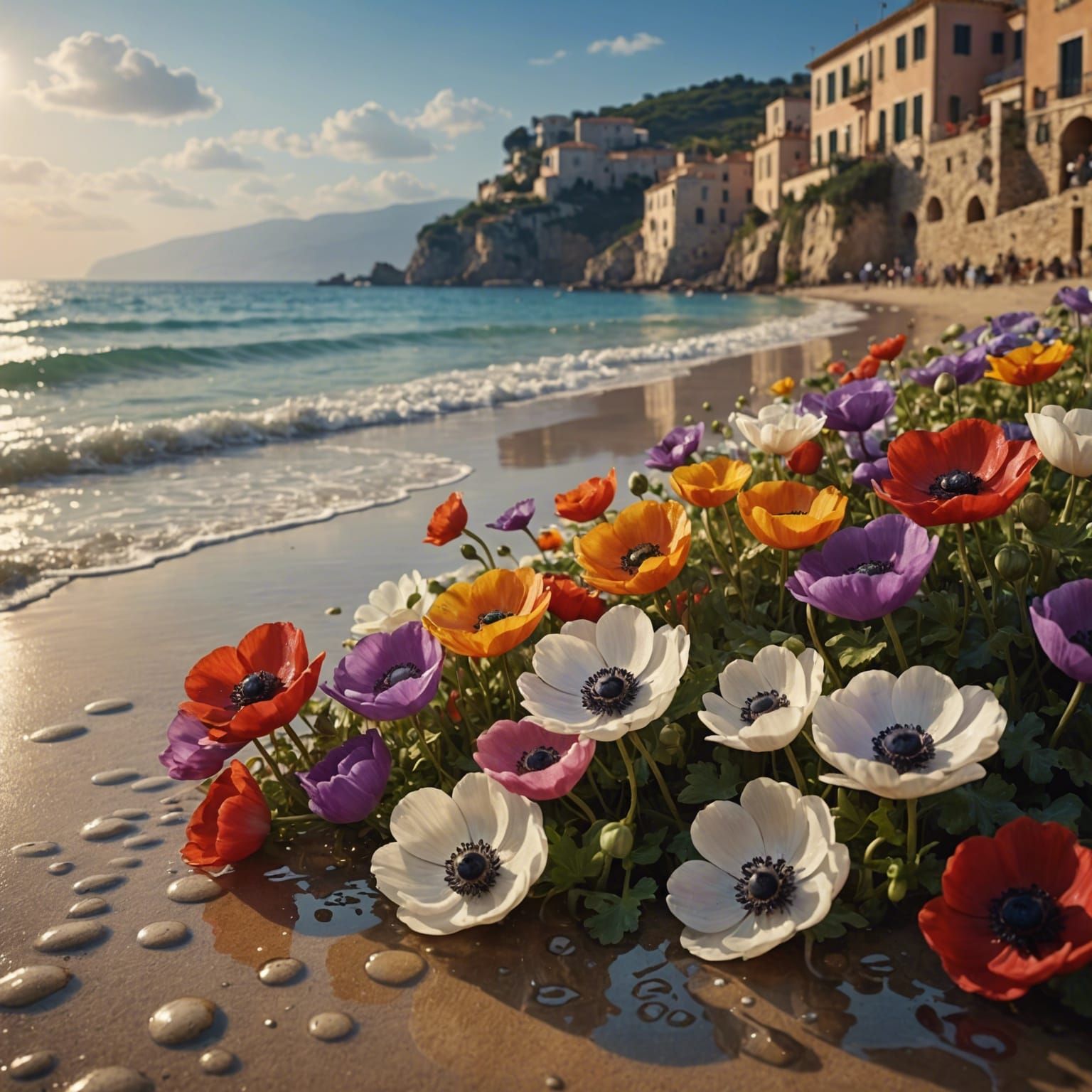 Anemones Rain on Mediterranean Beach: Hyperrealistic Splash ...