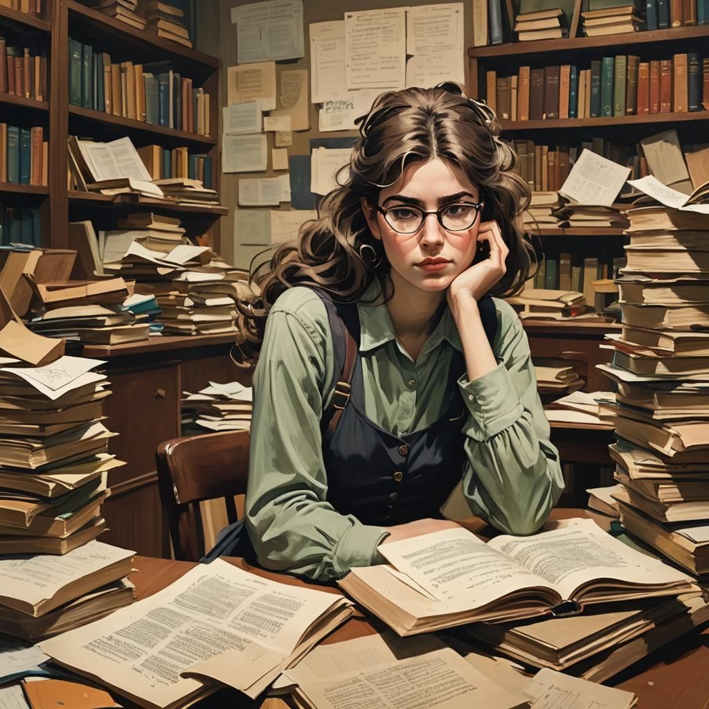 Sleepy Math Girl in Vintage Library, Illustration