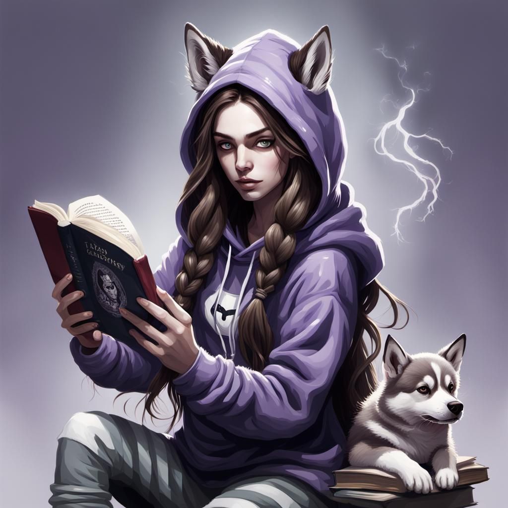 Elf Reading with Husky, Sinister Art Style