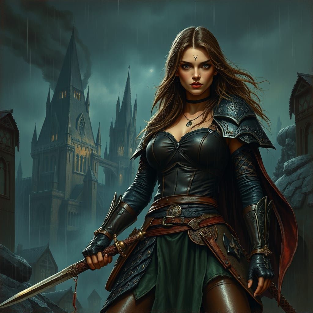 Mystical Warrior Woman in Dark Fantasy Scene