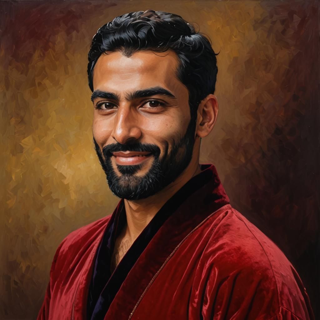 Smiling Man in Red Bathrobe: Impasto Neo-Impressionism