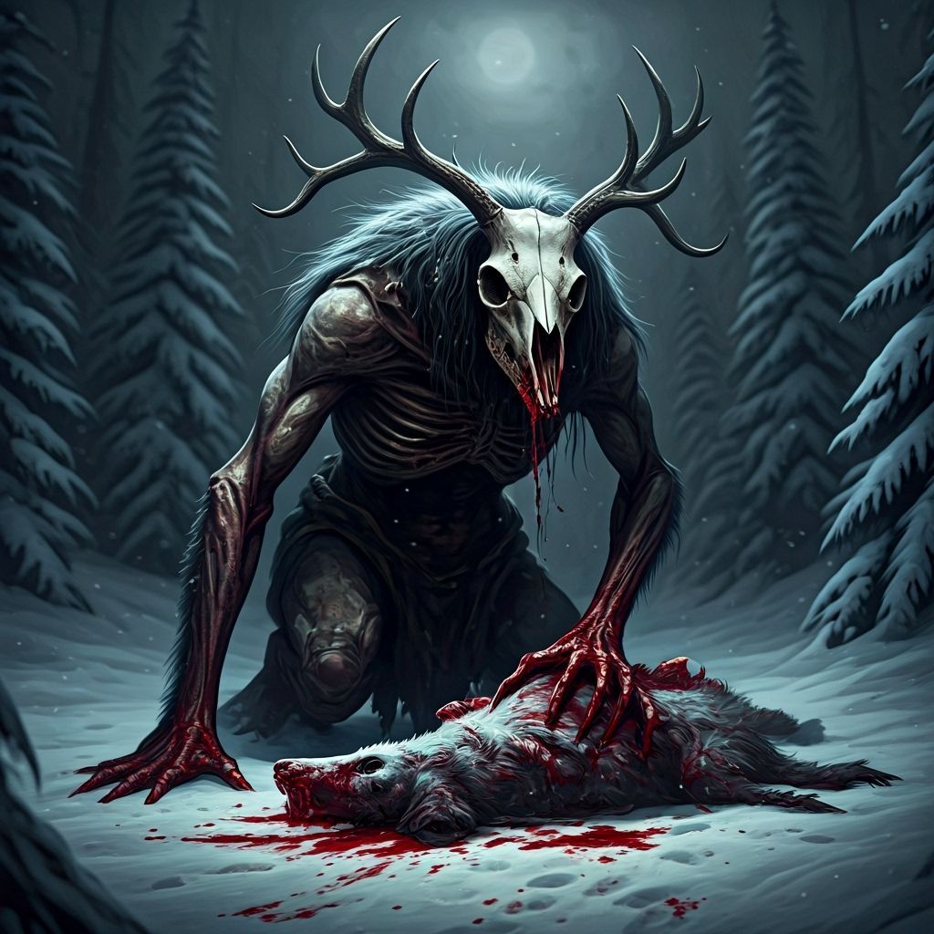 Hyperrealistic Wendigo in Frozen Forest at Night