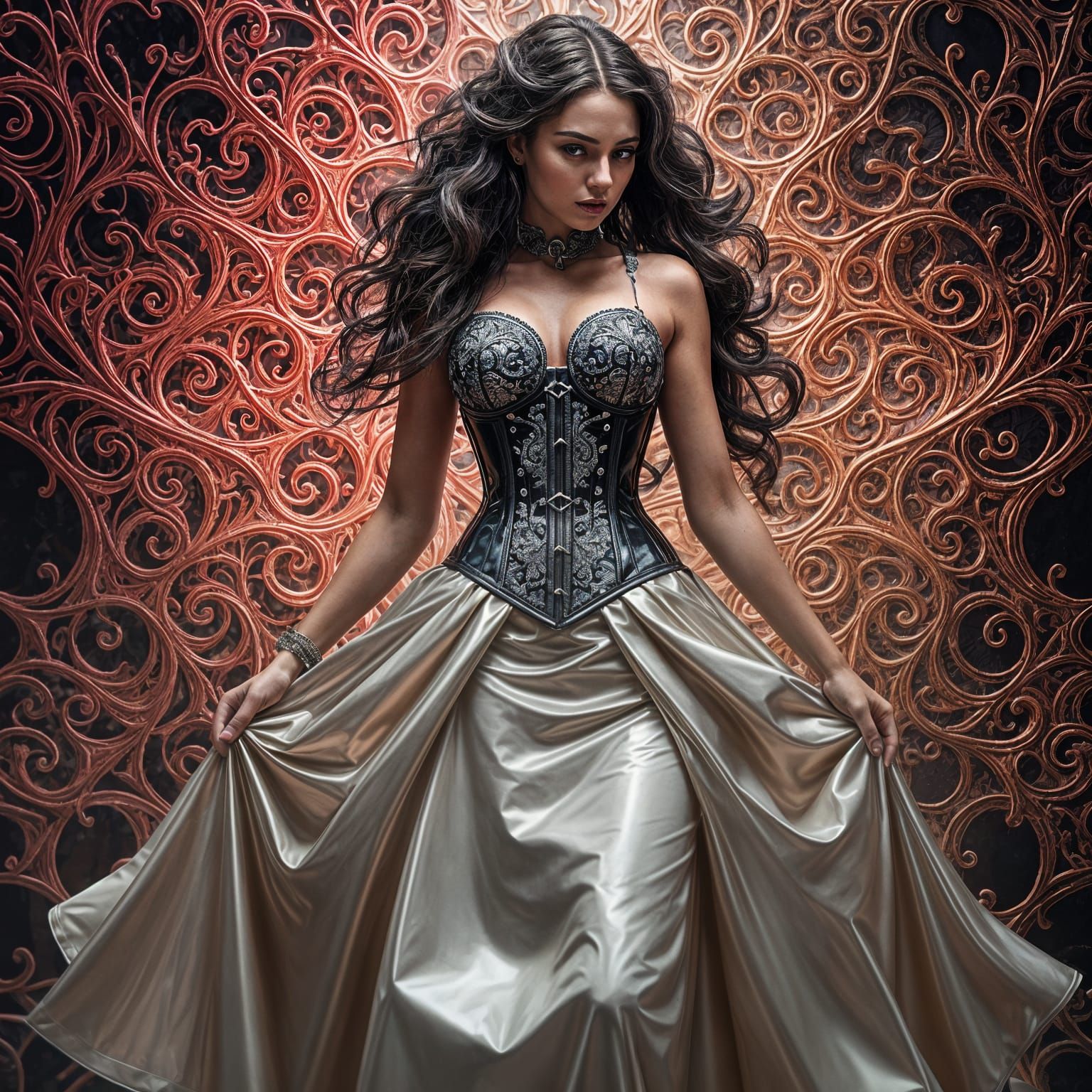 Hyperrealistic Woman in Shimmering Latex Dress on Fractal Ba...