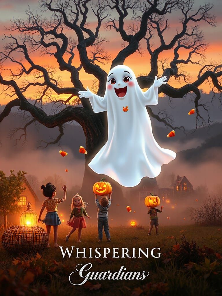 Whimsical Halloween Poster with Friendly Ghost and Children