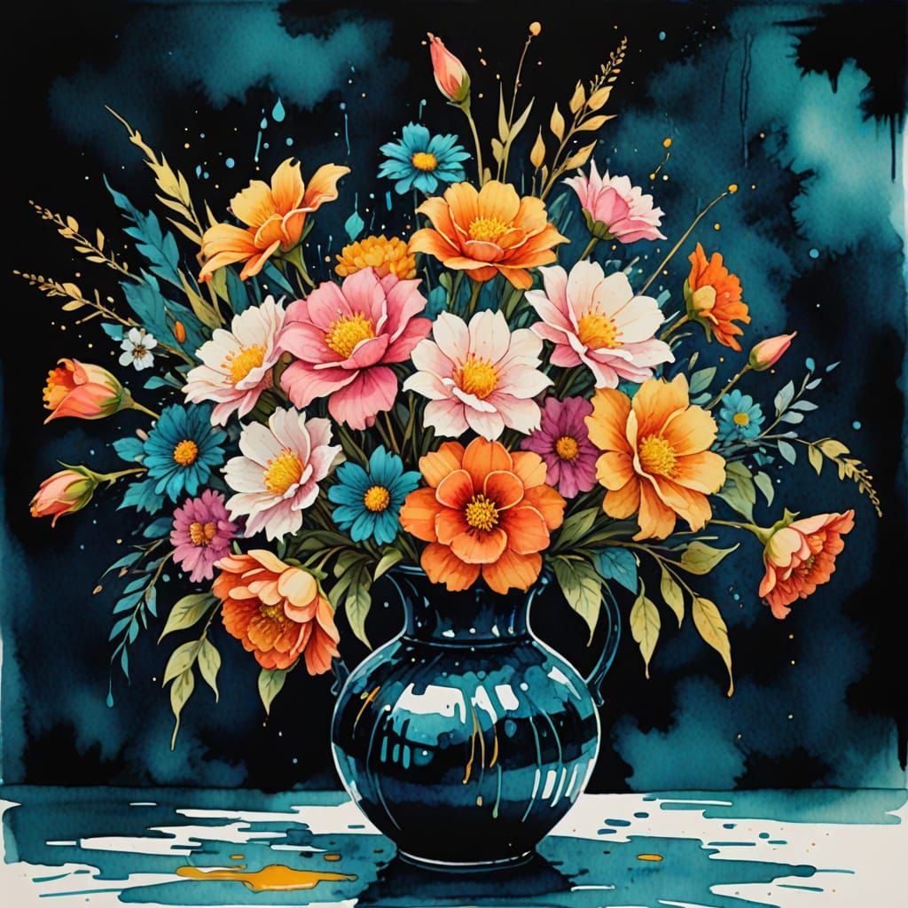 Vibrant Watercolor Flower Bouquet in Textured Vase