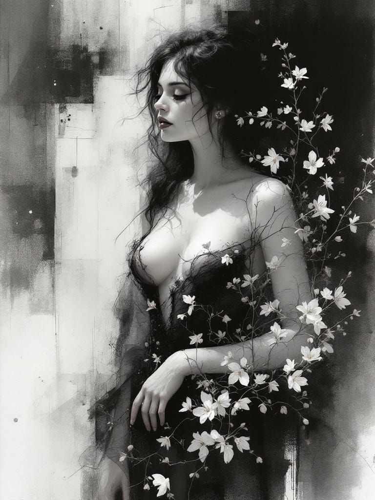 Gothic Romantic Figure Study with Geometric Accents