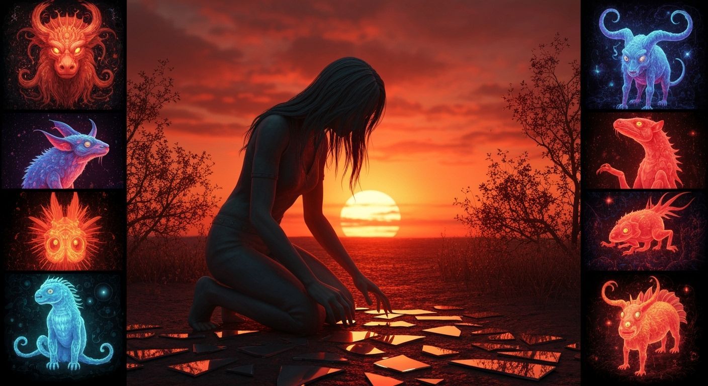 Mesmerizing Sculpture: Figure at Sunset with Broken Mirrors