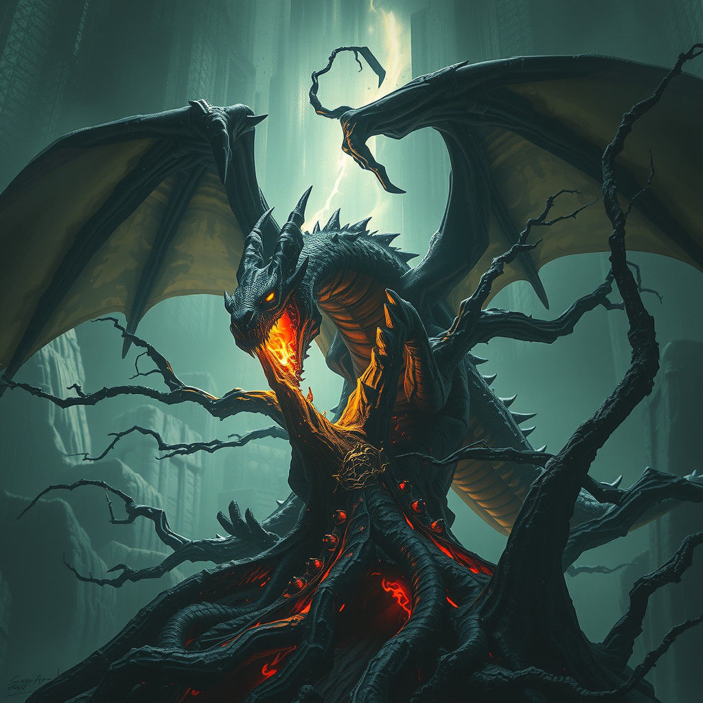 Níðhöggr Gnaws at Yggdrasil: Dark Fantasy Art