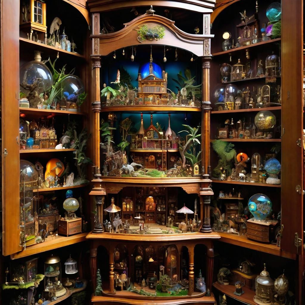 Intricate Cabinet of Curiosities with Miniature Fantasy Worl...