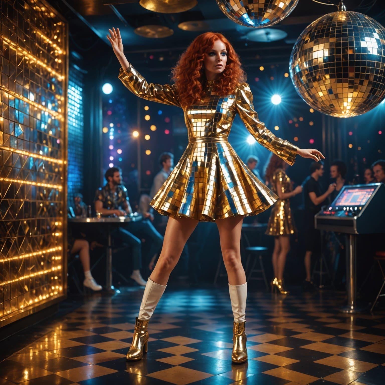 Futuristic Disco Queen in Glittering Checkered Dress