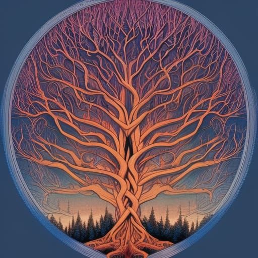 Ethereal Tree of Life with Fiery Roots and Branches