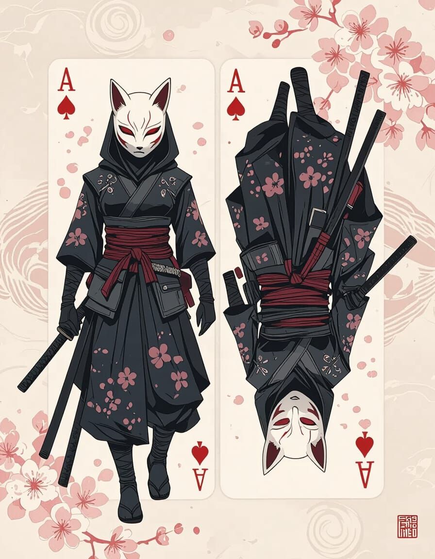 Two Female Ninjas Mirroring in Kitsune Masks