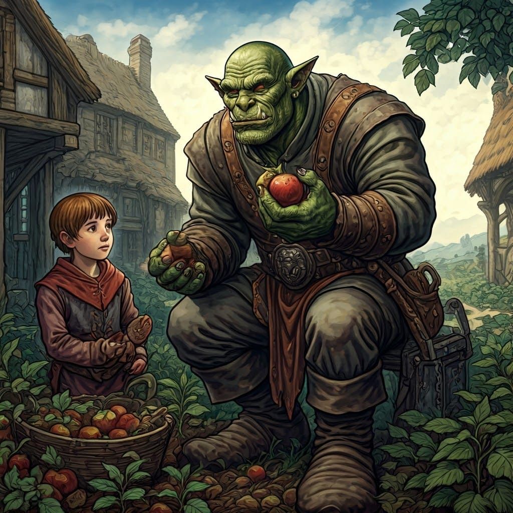 Orc Teaches Boy to Plant Apples, Rackham Style