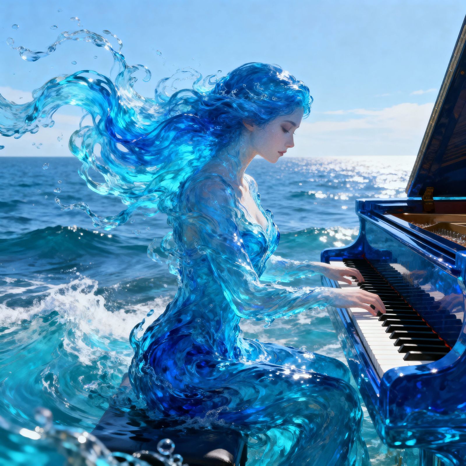 Water Woman Plays Piano on Hot Sea in Digital Art Style