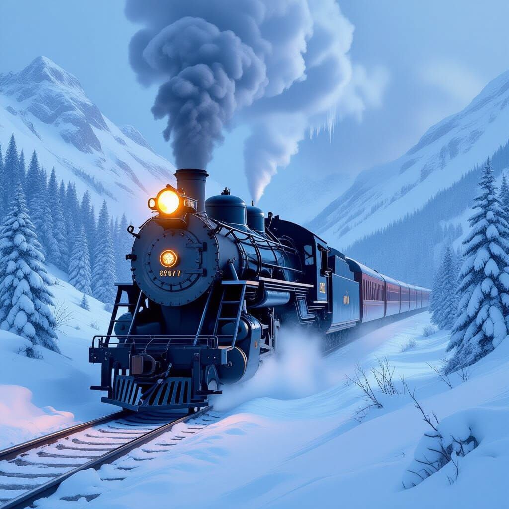 Powerful Steam Locomotive in Snowy Mountain Winter Landscape