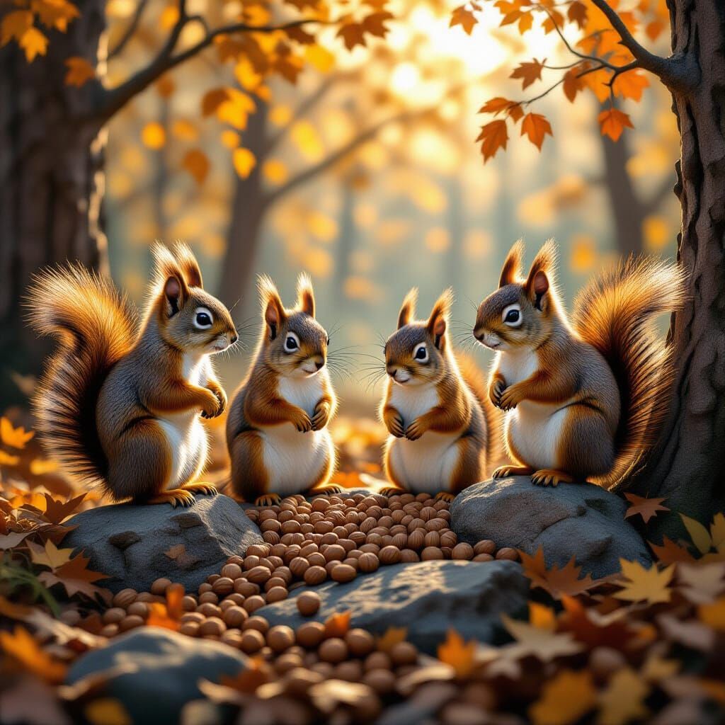 Squirrels Gathering Nuts in Autumnal Forest