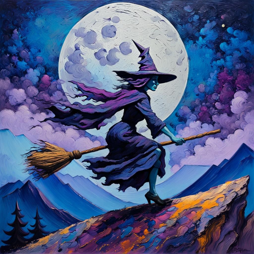 Witch Rides Broom in Impressionist Expressionist Painting