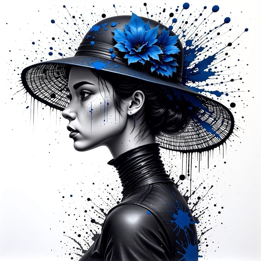 Woman's Silhouette with Blue Fascinator in Ink Style