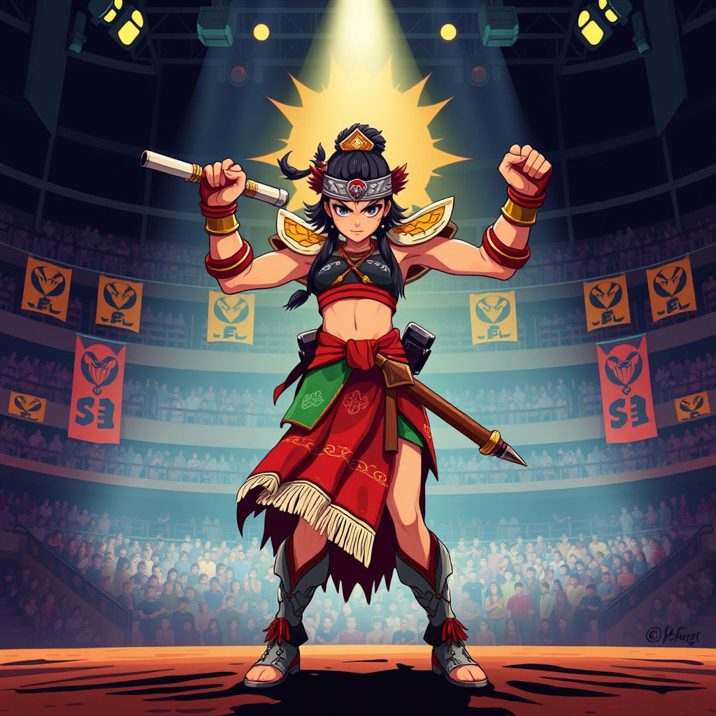 Victorious Solomon Islands Warrior Girl in Manga Style