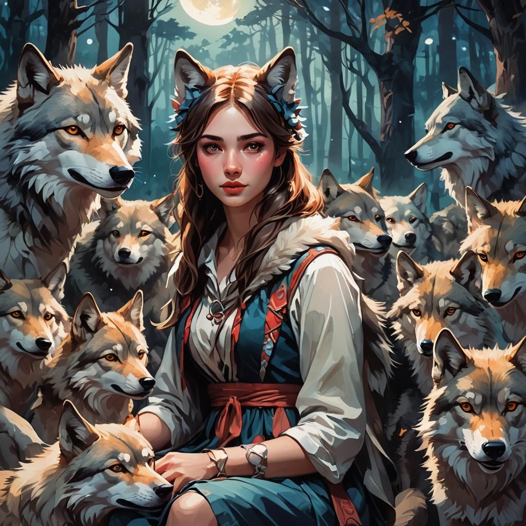 Wolf-Girl in Mystical Forest: Fauvist Expressionism