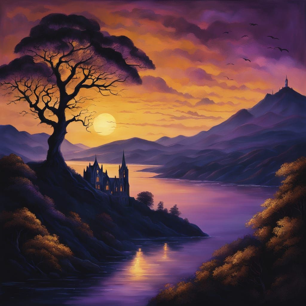 Gothic Landscape with Golden Sunset Glow