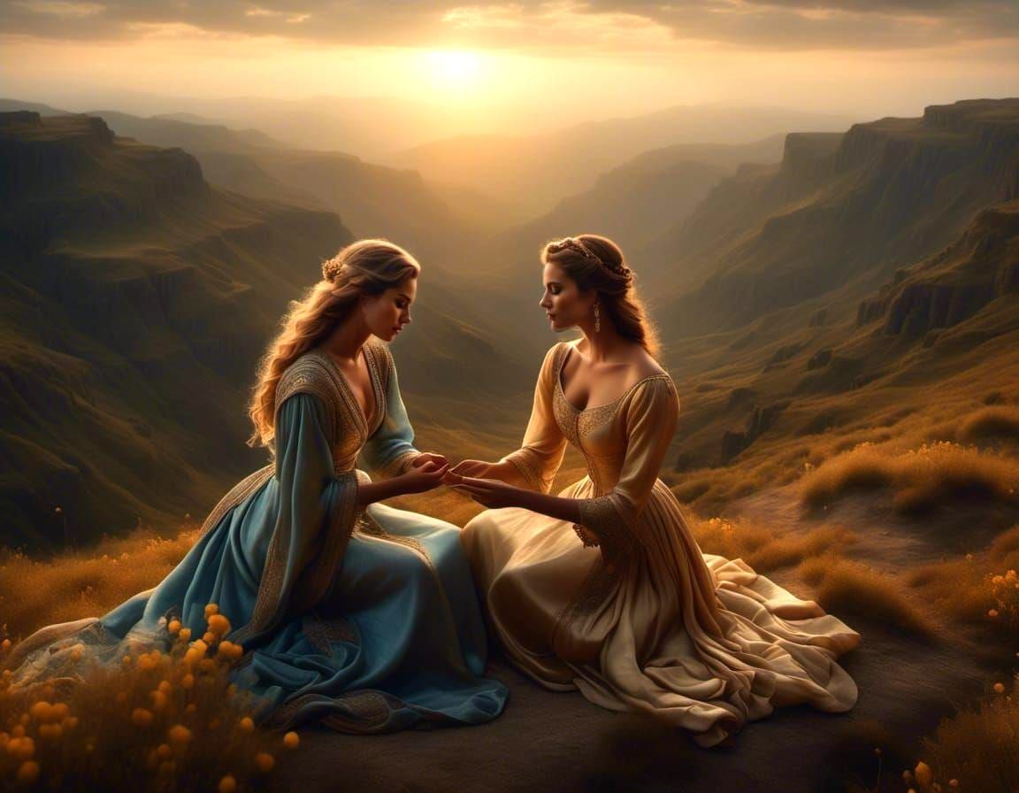 Hyperrealistic Women Kissing Under a Glorious Sunset