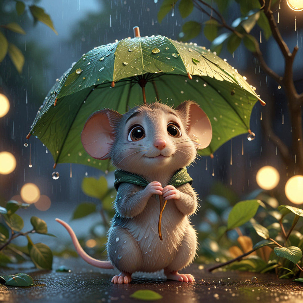 Mouse Soaks Up Rain Under Whimsical Leaf Umbrella