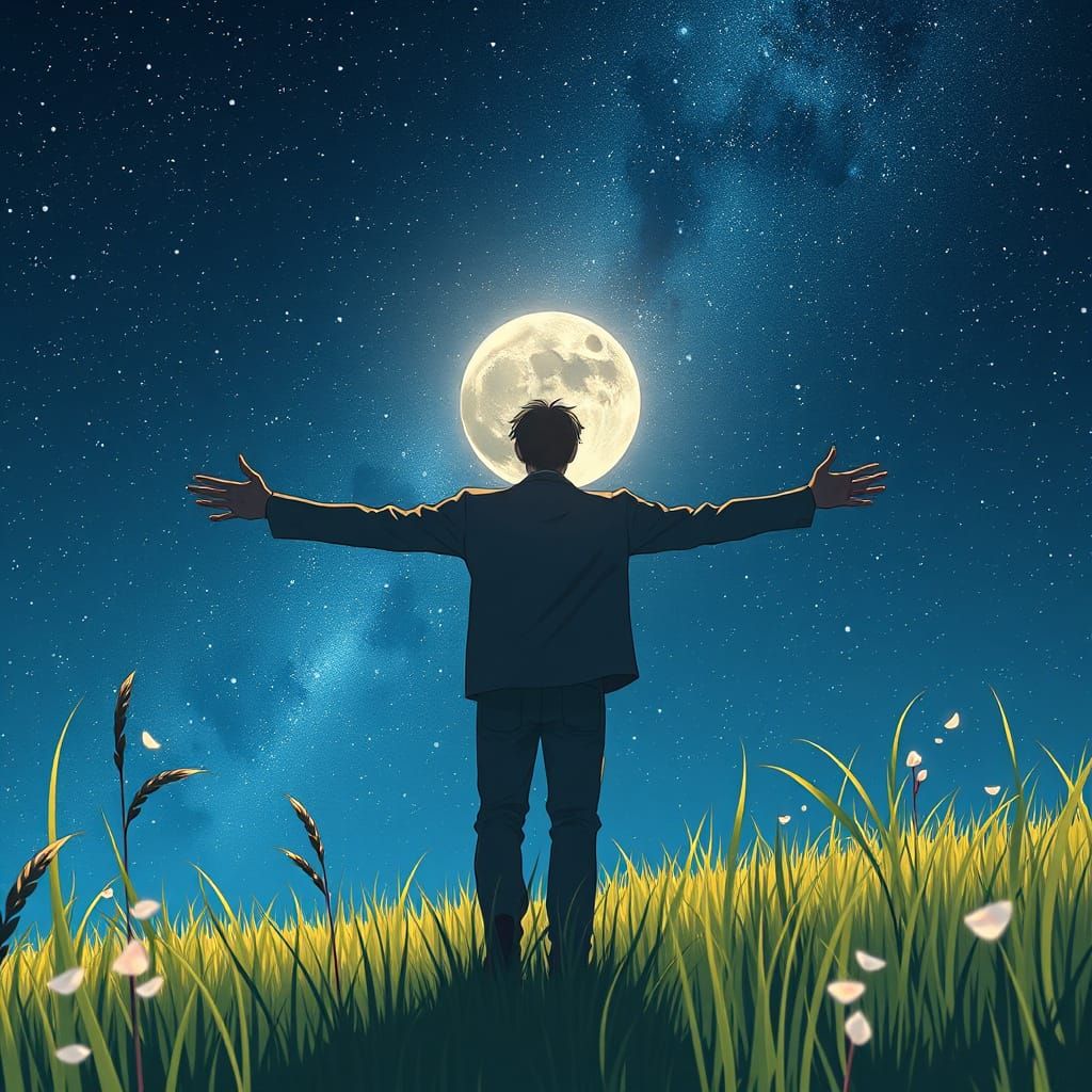 Lone Figure in Windswept Grassland Under Starry Night Sky