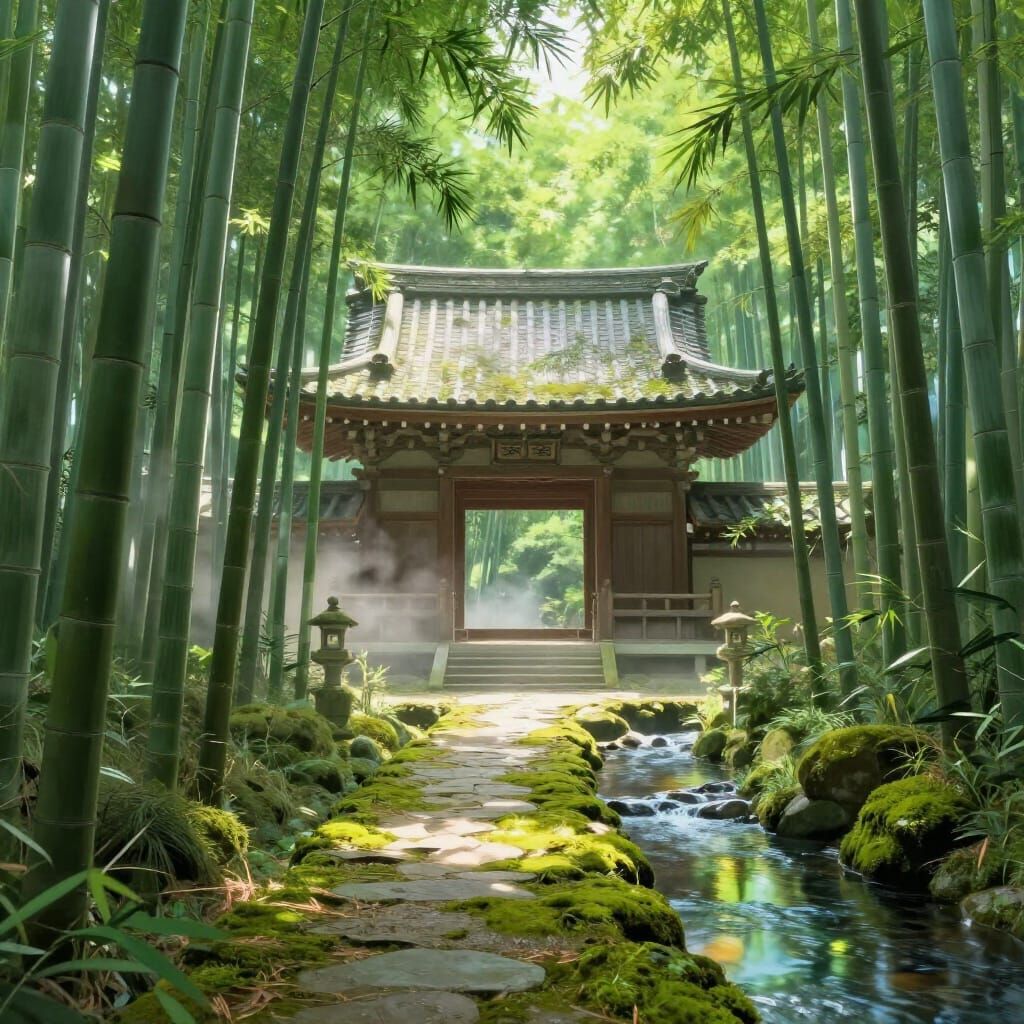 Ancient Japanese Temple in Mystical Bamboo Forest