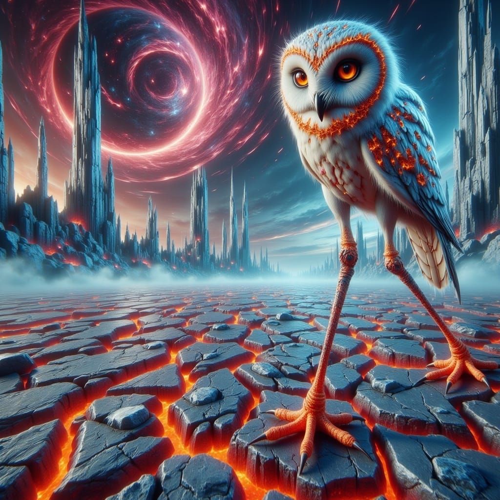 Ethereal Owl Hybrid in Alien Frozen Landscape