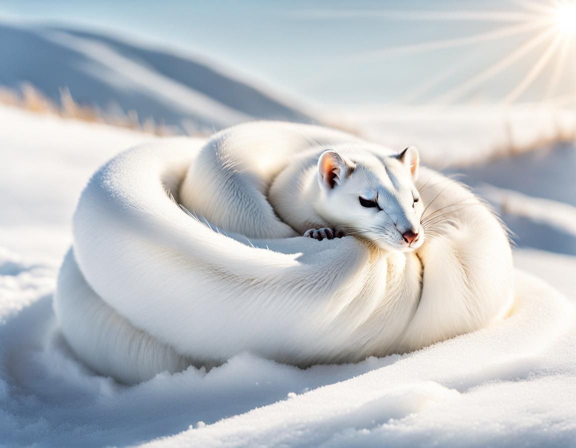Sleeping Ermine in Sunlight, Hyperrealistic Fantasy