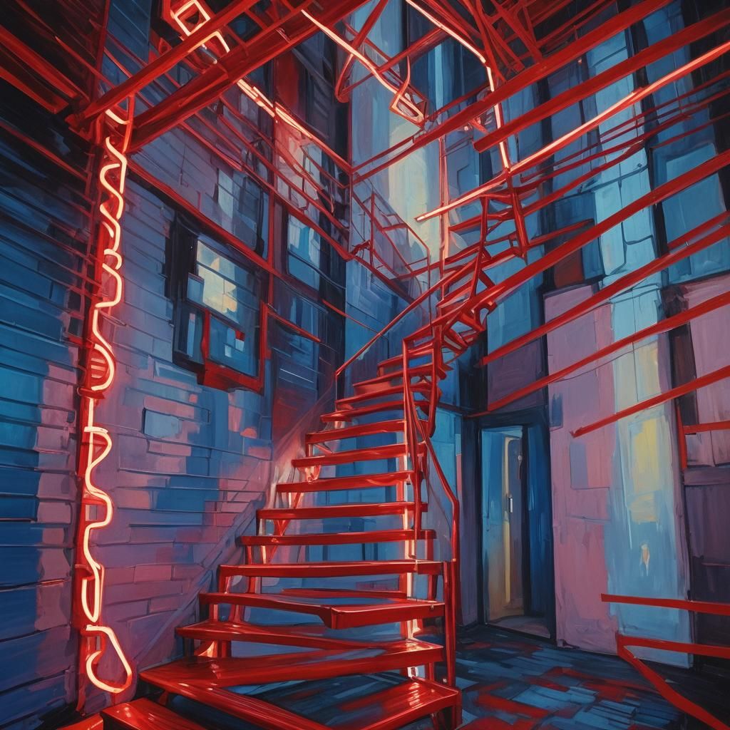 Slinky Ascending Neon Stairs: Surreal Oil Painting
