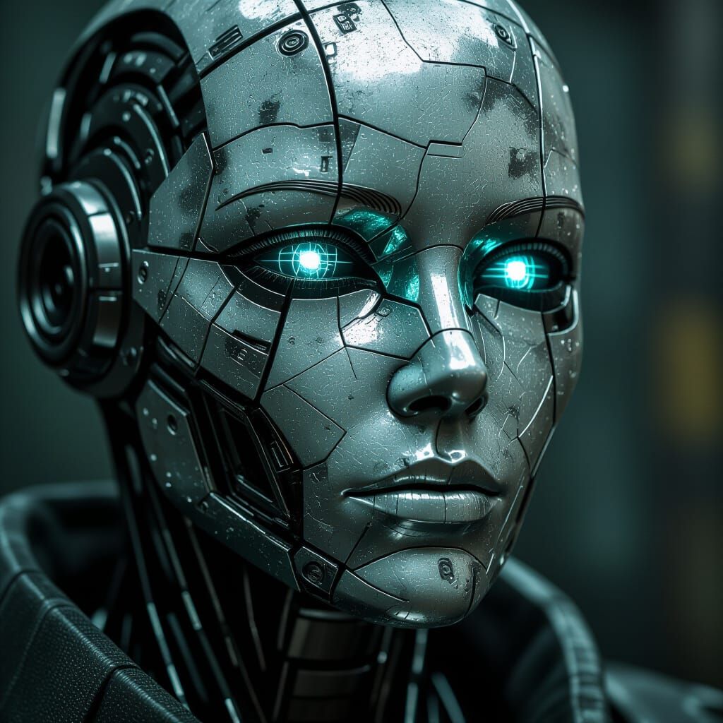 Worn Android Face in Gritty Cyberpunk Style