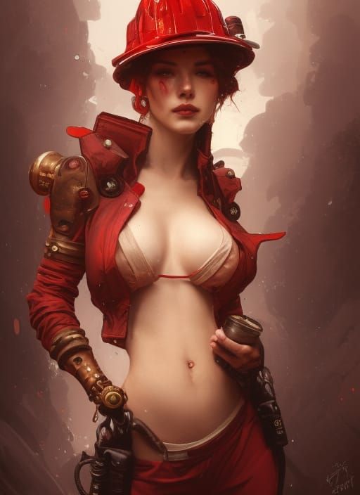 Steampunk Firefighter Portrait in Art Nouveau Style