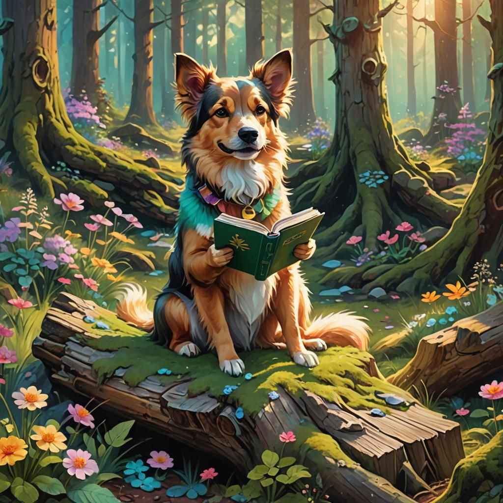 Dog Reading Book in Forest, Vibrant Oil Painting