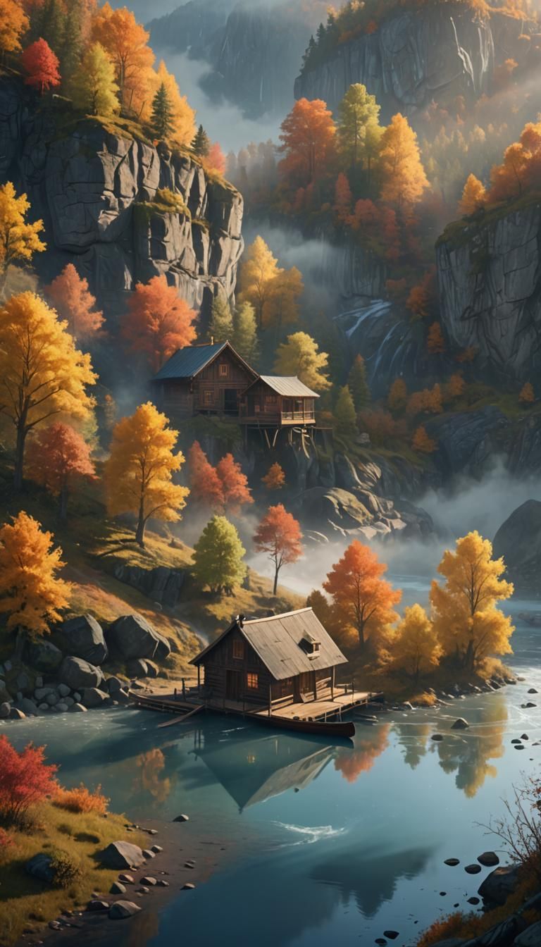 Autumnal River Valley Cabin in Unreal Engine Style