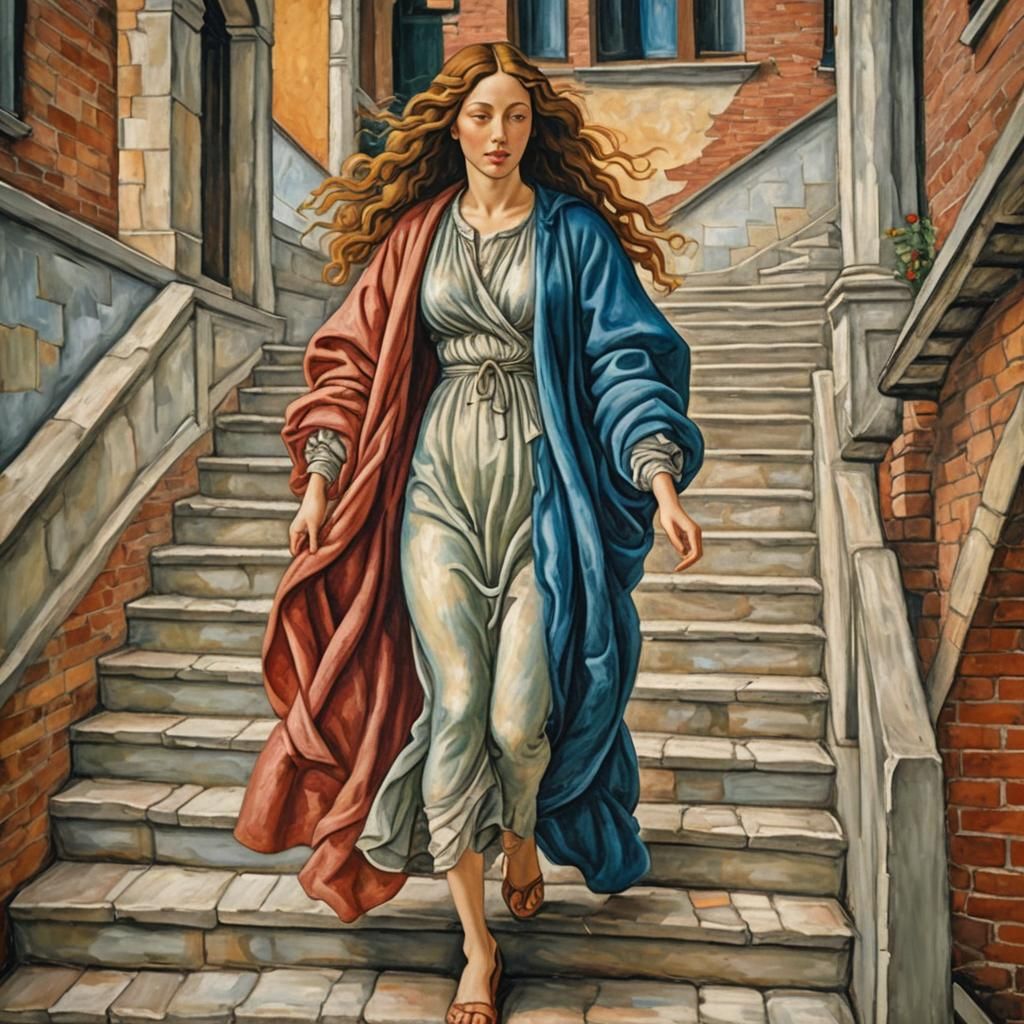 Woman on Stairs: Neo-Impressionist Oil Painting